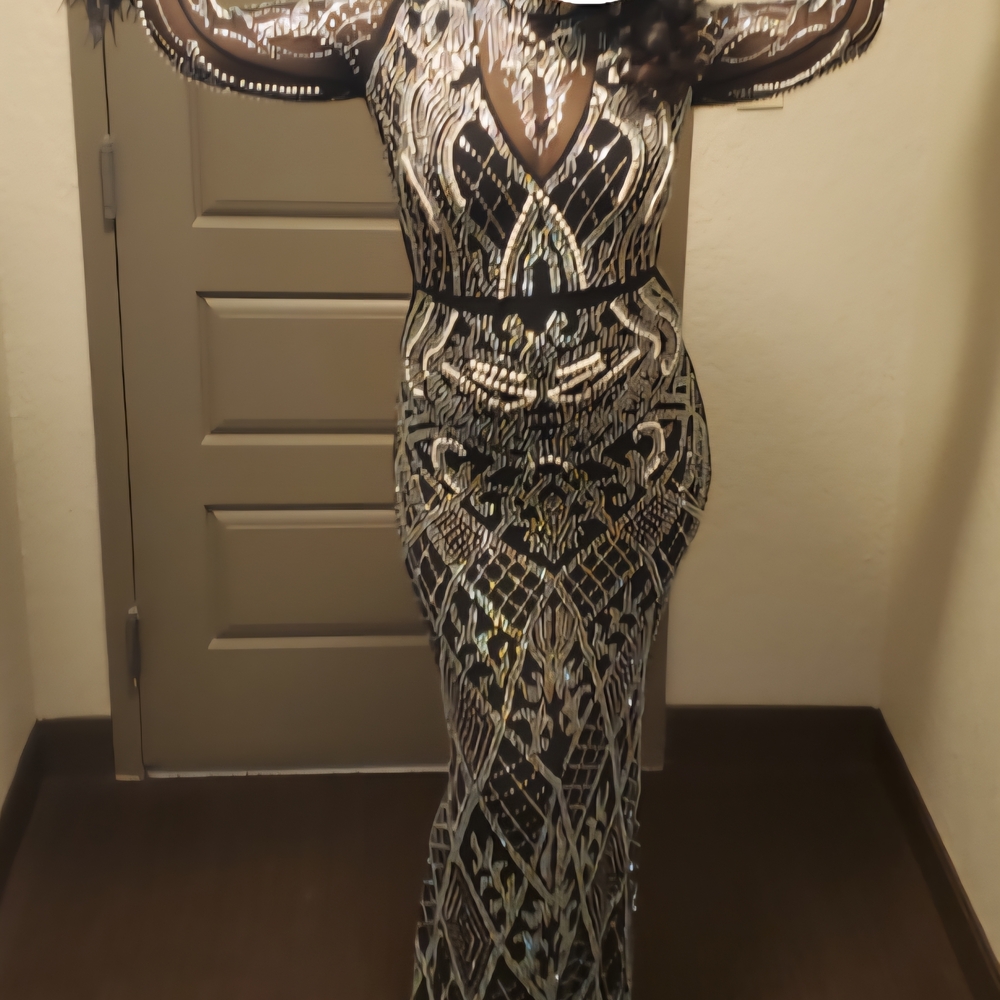 Banjul Black and White Long Sleeve Rhinestone Pearl Dress